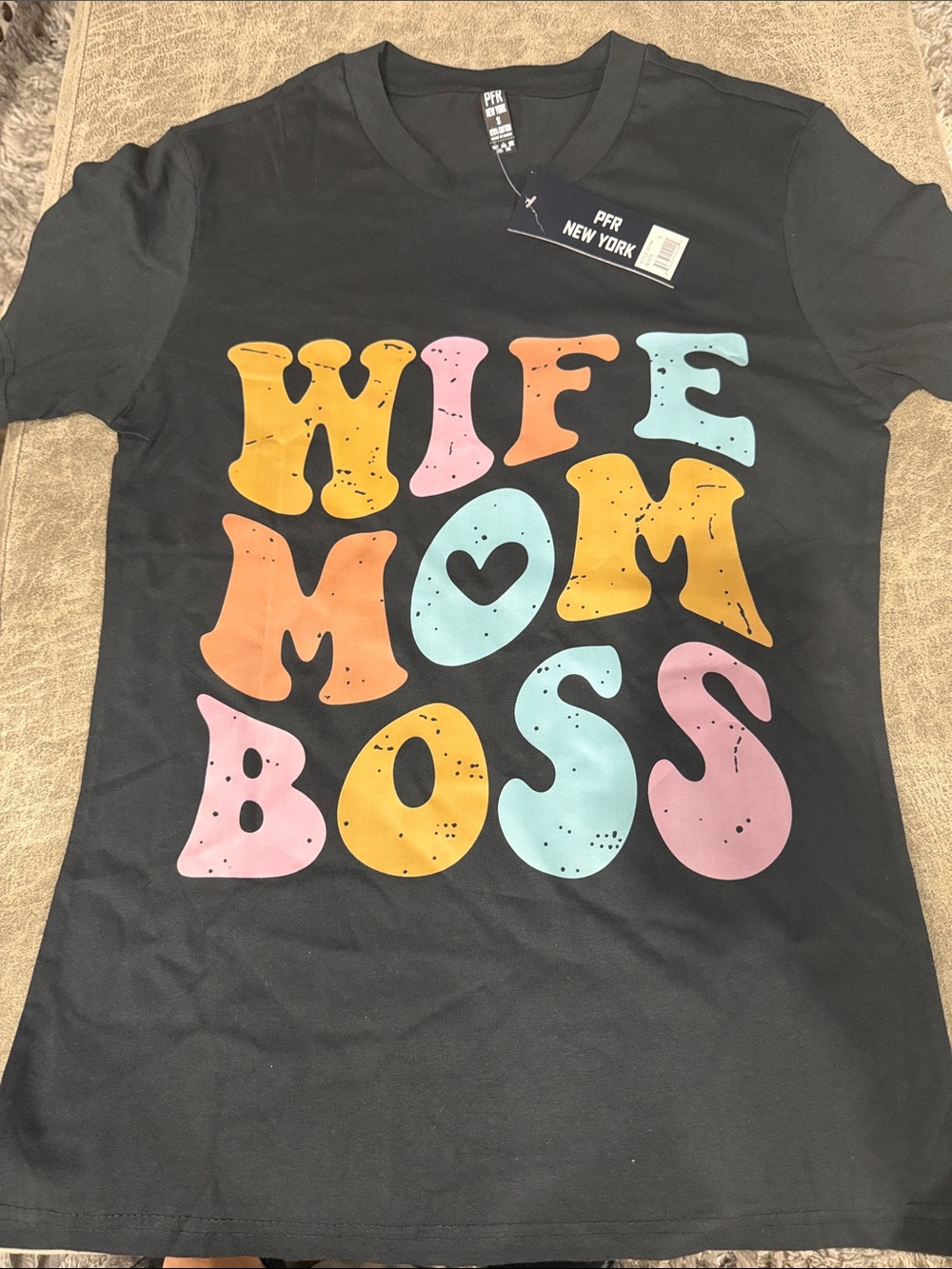 WIFE MOM BOSS Graphic Tee - Black with Multi-Color Letters